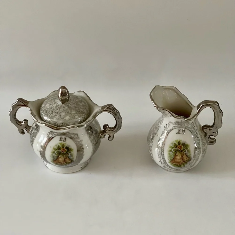 Vintage Enesco Japan 25th Wedding Anniversary Sugar Bowl & Creamer Set, 1950’s